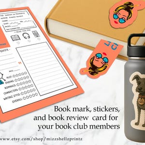 May include: An assortment of book-themed items, including a book review card, stickers, and a bookmark. The card is coral with a title and author section. A water bottle with a dog sticker is also present. The text reads "Lessons in Chemistry" and "Bonnie Garmus".