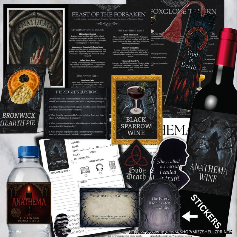 May include: A collection of gothic-themed items, including a bottle of wine, stickers, a bookmark, and a pie. The items feature dark imagery, text, and illustrations. The words "Anathema" and "Black Sparrow Wine" are visible.