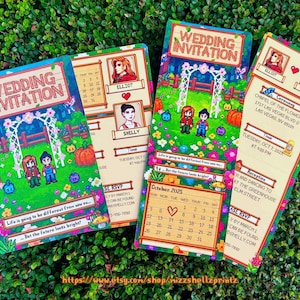 May include: Four wedding invitations with a pixelated design featuring a couple, flowers, and pumpkins. The invitations include the text "Wedding Invitation", names, and event details. The background is green.