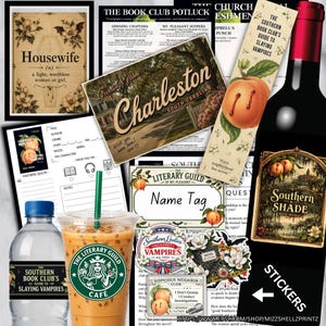 May include: A collection of book-themed items including a Housewife definition print, a Charleston postcard, a Southern Book Club bookmark, a reading log, a water bottle, an iced coffee cup, and various stickers featuring Southern gothic imagery.