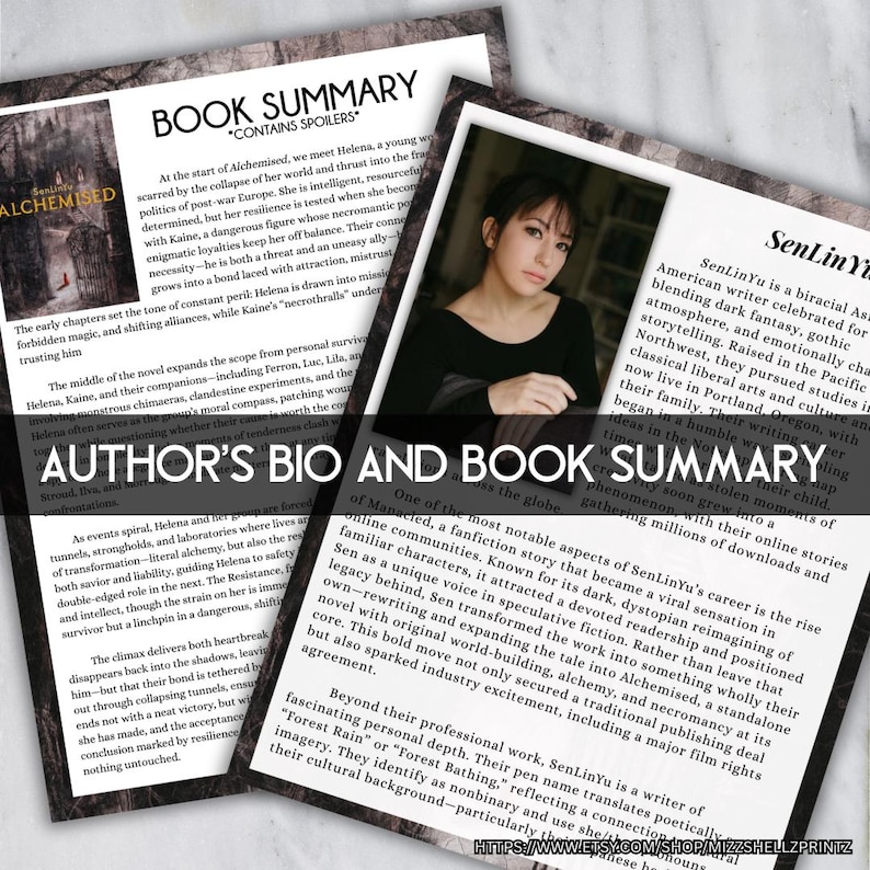 Pu&ograve; includere: Pagina doppia con la biografia di un autore e un riassunto del libro "Alchemised". La pagina sinistra ha il testo sul libro, e la pagina destra ha una foto dell'autore, SenLinYu. Il testo &egrave; nero su sfondo bianco.