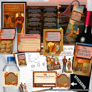 Puede incluir: Una colección de artículos con temática otoñal, que incluyen un marcapáginas, pegatinas y una botella de agua, todos con el texto "The Pumpkin Spice Cafe". La imagen también incluye una bebida enmarcada y un letrero de "Annie's Bakery Mini Cookies".