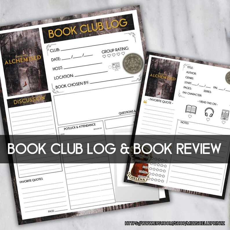 Pu&ograve; includere: Due fogli stampabili per il registro del book club e la recensione del libro. I fogli hanno uno sfondo scuro e strutturato con il testo "BOOK CLUB LOG & BOOK REVIEW". Il registro del book club include sezioni per i dettagli del club, la discussione e le citazioni preferite. Il foglio di revisione del libro ha sezioni per titolo, autore e note.