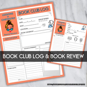 May include: Two orange and white book club log sheets with the text "Lessons in Chemistry" and "Book Club Log & Book Review". The design includes illustrations of a woman, lab equipment, and icons for reading. The Etsy shop URL is visible.