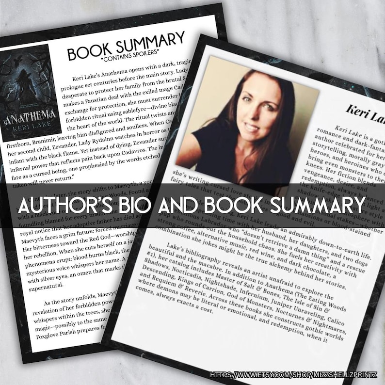 May include: Two-page spread featuring an author's bio and book summary for "Anathema" by Keri Lake. The left page has the book cover and summary text. The right page includes a photo of the author and a bio. The text is in black on a white background.
