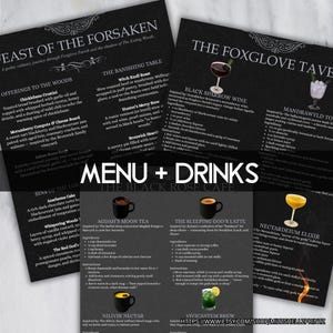 May include: Menu and drinks list from The Black Rose Cafe, featuring gothic-themed cocktails and dishes. The menu includes items like Witch Knell Roast and Black Sparrow Wine, with a dark, elegant design.