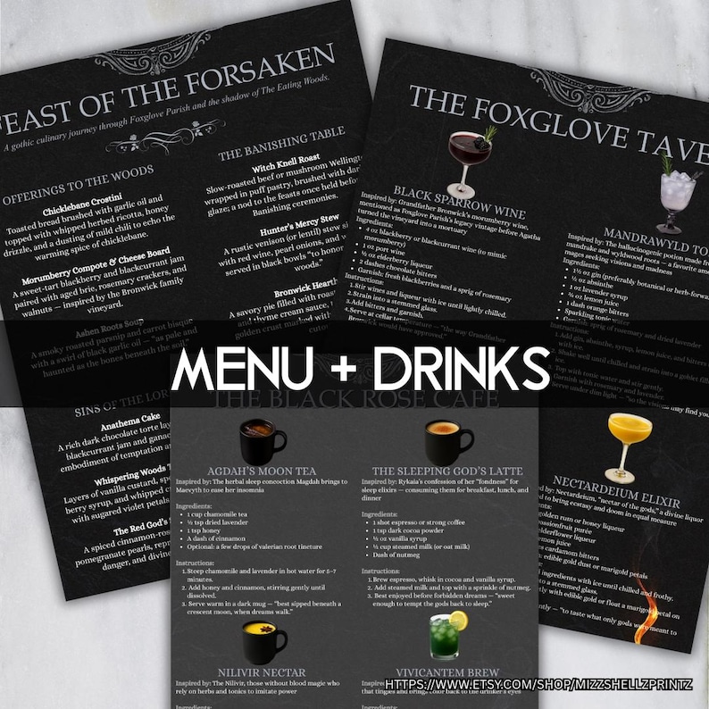 May include: Menu and drinks list from The Black Rose Cafe, featuring gothic-themed cocktails and dishes. The menu includes items like Witch Knell Roast and Black Sparrow Wine, with a dark, elegant design.
