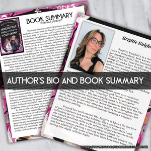 May include: A book summary and author's bio are displayed on two pink and white pages. The book cover features a couple in period clothing. The author's photo is in the corner. Text includes the book title, author's name, and website.