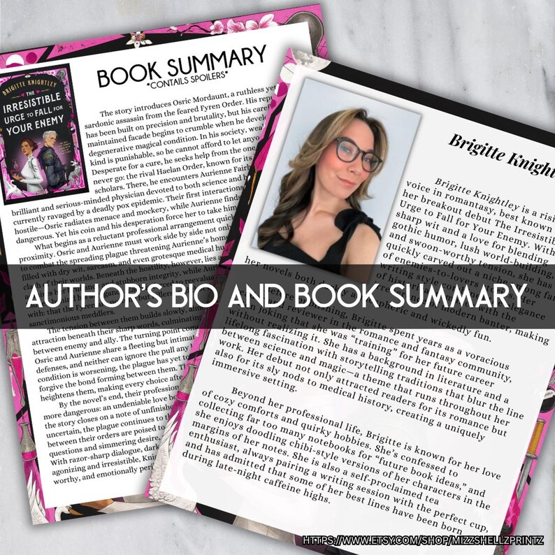 May include: A book summary and author's bio are displayed on two pink and white pages. The book cover features a couple in period clothing. The author's photo is in the corner. Text includes the book title, author's name, and website.