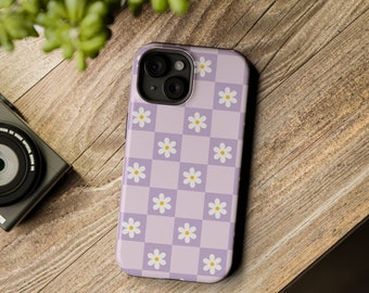 Lilac Checkers Daisy Flower MagSafe Tough Phone Case, cute aesthetic pastel lilac/purple checkerboard daisy floral iPhone 15&14 series case