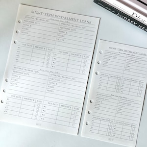 May include: A printable planner page with a white background and black text. The page is divided into two sections, each with a table for tracking short-term installment loans. The table includes columns for due date, amount, and paid. The page also includes space for notes and information about the purchase, such as the store and purchase date.