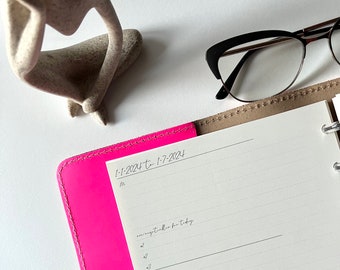 May include: A pink and beige planner with a brown elastic band. The planner is open to a page with the date "1-1-2024 to 1-7-2024" written at the top. The page is lined and has the words "appointments for today" written in cursive.
