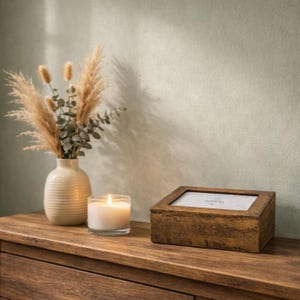 Op de afbeelding: Een houten doos met een omlijste bovenkant staat op een houten oppervlak naast een brandende kaars in een glazen houder en een vaas met gedroogde bloemen. De doos heeft een lichtgekleurd interieur en een donkerbruine buitenkant.