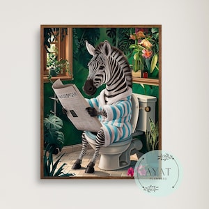 Bonita cebra en la bañera, arte mural para baño, estampado botánico de animales, arte maximalista de animales en el baño, baño tropical, decoración de baño con temática de selva