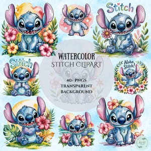 Stitch Watercolor PNG Clipart Bundle: 40+ High-Resolution Designs (Digital Download