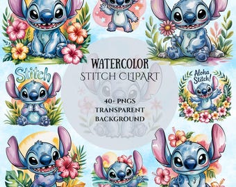 Stitch Watercolor PNG Clipart Bundle: 40+ High-Resolution Designs (Digital Download