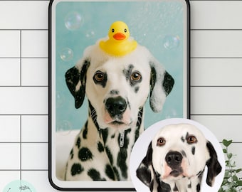 Retrato de mascota personalizado en el baño: Arte divertido de perro o gato (Descarga digital)