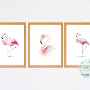 Set de impresiones de acuarela de flamencos: Decoración rosa para habitación infantil (descarga digital)