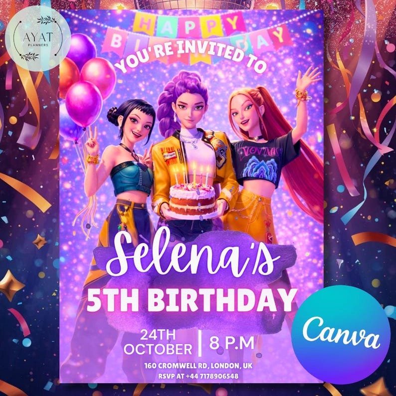 Kpop birthday, kpop demon hunters, kpop birthday invite, demon hunters invite, kpop invitation, birthday invitation, kpop invite, kpop demon hunter, kpop, kpop party invite, kpop party, canva template, demon hunters.