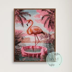 Flamingo in Bathtub Print: Boho Tropical Bathroom Wall Art (Digital Download)