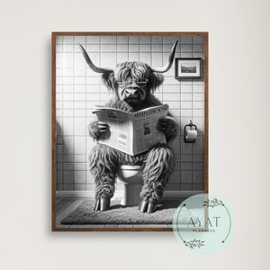 Highland Cow Sitting on the Toilet Reading a Newspaper | Funny Bathroom Wall Decor | Funny Animal Print | Home Printables | AI Digital Art