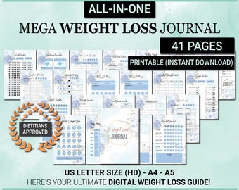 May include: A printable weight loss journal with 41 pages, featuring a blue and white floral design. The journal includes trackers for weight, food, calories, habits, and more. It is labeled "All-in-One Mega Weight Loss Journal" and "Dietitians Approved".