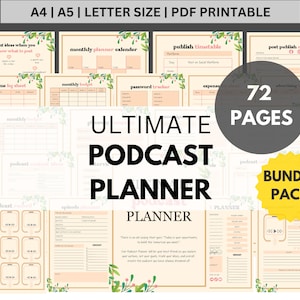 May include: A printable podcast planner bundle with 72 pages. The planner includes pages for monthly calendars, budget trackers, income logs, episode planning, and more. The planner is decorated with floral illustrations and has a yellow star with the text "Bundle Pack".