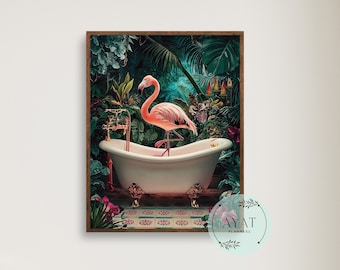 Flamingo i badkarstavla: Tropisk badrumsväggkonst (digital nedladdning)