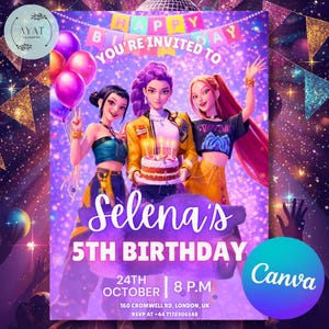 Kpop birthday, kpop demon hunters, kpop birthday invite, demon hunters invite, kpop invitation, birthday invitation, kpop invite, kpop demon hunter, kpop, kpop party invite, kpop party, canva template, demon hunters.