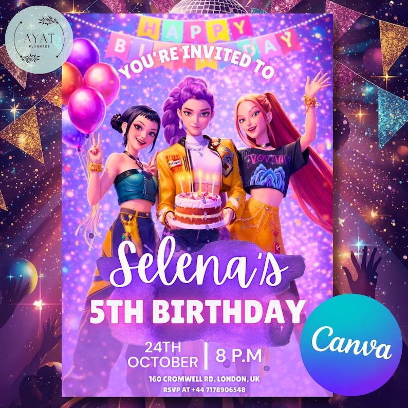 Kpop birthday, kpop demon hunters, kpop birthday invite, demon hunters invite, kpop invitation, birthday invitation, kpop invite, kpop demon hunter, kpop, kpop party invite, kpop party, canva template, demon hunters.