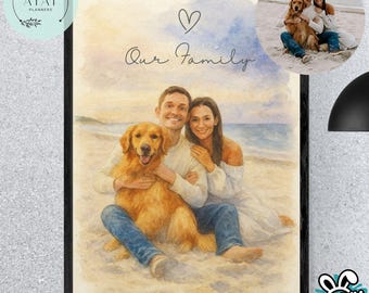May include: A framed watercolour portrait depicting a couple with their golden retriever on a beach. The artwork includes the text "Our Family" and a heart symbol. The style is soft and painterly, with a black frame.