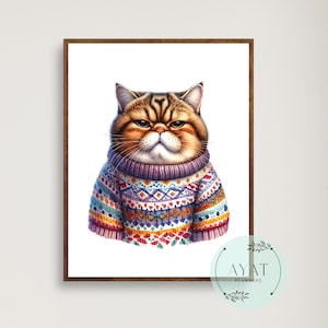 Chubby Cat In Cozy Sweater | Funny Kitty Décor | Funny Cat Art | Fat Cat Poster | Minimal Wall Art | Modern Cat Art Poster | Grumpy Cat