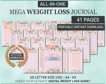 May include: A printable weight loss journal with 41 pages. The journal has a pink background with floral designs and the text "Weight Loss Journal" in a gold circle. The journal is designed to help people track their weight loss progress and includes pages for meal planning, exercise tracking, and goal setting.