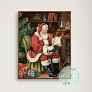 Retro Santa Wall Art, Vintage Santa Reindeer Print, Rustic Christmas Printables, Santa Claus Painting, Winter Holiday Decor Digital Download