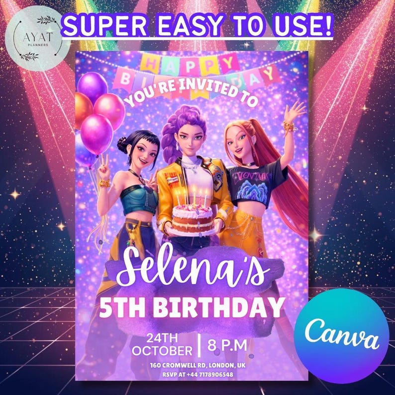 Kpop birthday, kpop demon hunters, kpop birthday invite, demon hunters invite, kpop invitation, birthday invitation, kpop invite, kpop demon hunter, kpop, kpop party invite, kpop party, canva template, demon hunters.