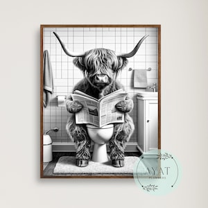 Highland Cow Sitting on the Toilet Reading a Newspaper | Funny Bathroom Wall Decor | Funny Animal Print | Home Printables | AI Digital Art