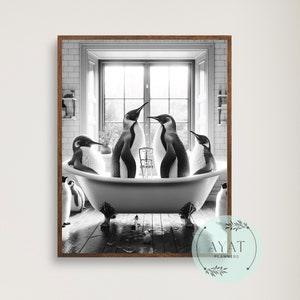 Penguins in Bathtub Art Print: Whimsical Bathroom Decor (Digital Download)