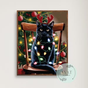 Christmas Cat Art, Christmas Wall Art, Reindeer Cat, Cat Lover Christmas, Printable Wall Art, Cat Print, Gift for Cat Lover, Black Cat Art