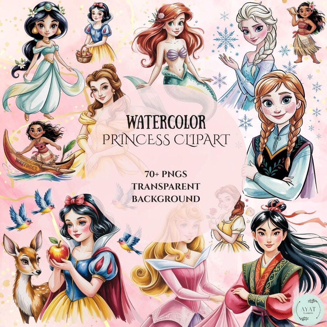 Watercolor Princess Clipart Bundle: Hand-drawn PNG Graphics (instant ...