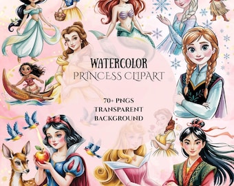 Watercolor Princess Clipart Bundle: Hand-Drawn PNG Graphics (Instant Download, 70+ Files