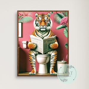 Poster Tiger | Maximalistische Badezimmer Wandkunst | Dopamin Dekor | Rosa Kitsch Ästhetik | Bad Tiger Poster | Preppy Wandkunst