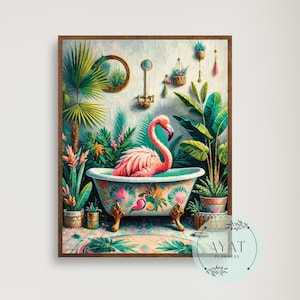 Flamingo in Bathtub Print: Boho Tropical Bathroom Art (Digital Download)