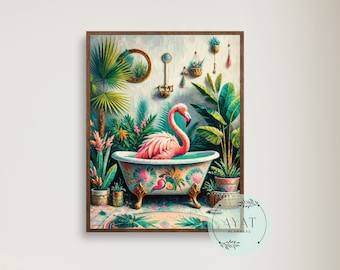 Flamingo in Bathtub Boho Bathroom Print | Pink Flamingo Print | Maximalist Tropical Bathroom Wall Art | Animal in Bath Eclectic Décor