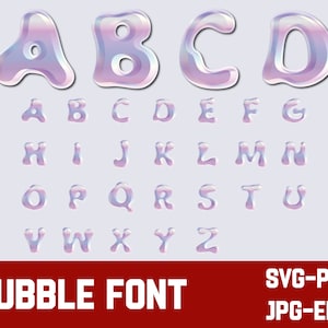 May include: A bubble font alphabet in a light purple and pink colour scheme. The letters are outlined in a darker purple and have a 3D effect. The letters are arranged in alphabetical order. The text "BUBBLE FONT" is at the bottom of the image in a red box. The text "SVG-PNG" and "JPG-EPS" are at the bottom right of the image.