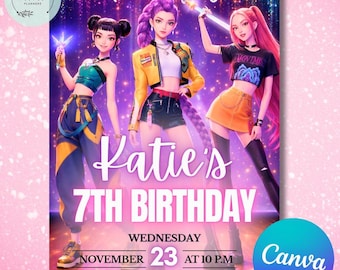 Zaproszenie urodzinowe K-pop Demon Hunters, edytowalny szablon Canva, zaproszenie Huntrix, cyfrowe zaproszenia K-pop do pobrania (edytowalne w Canva)