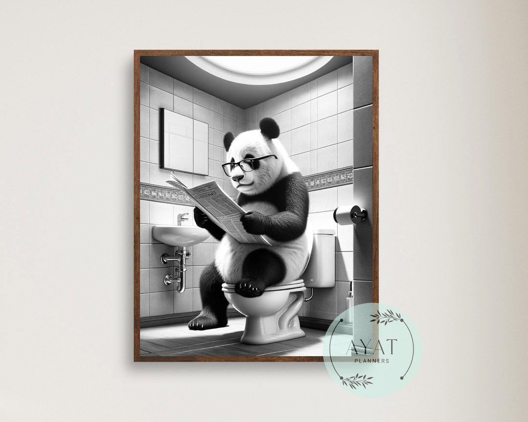 Panda Sitting on Toilet Reading a Newspaper | Bathroom Humor | Funny ...