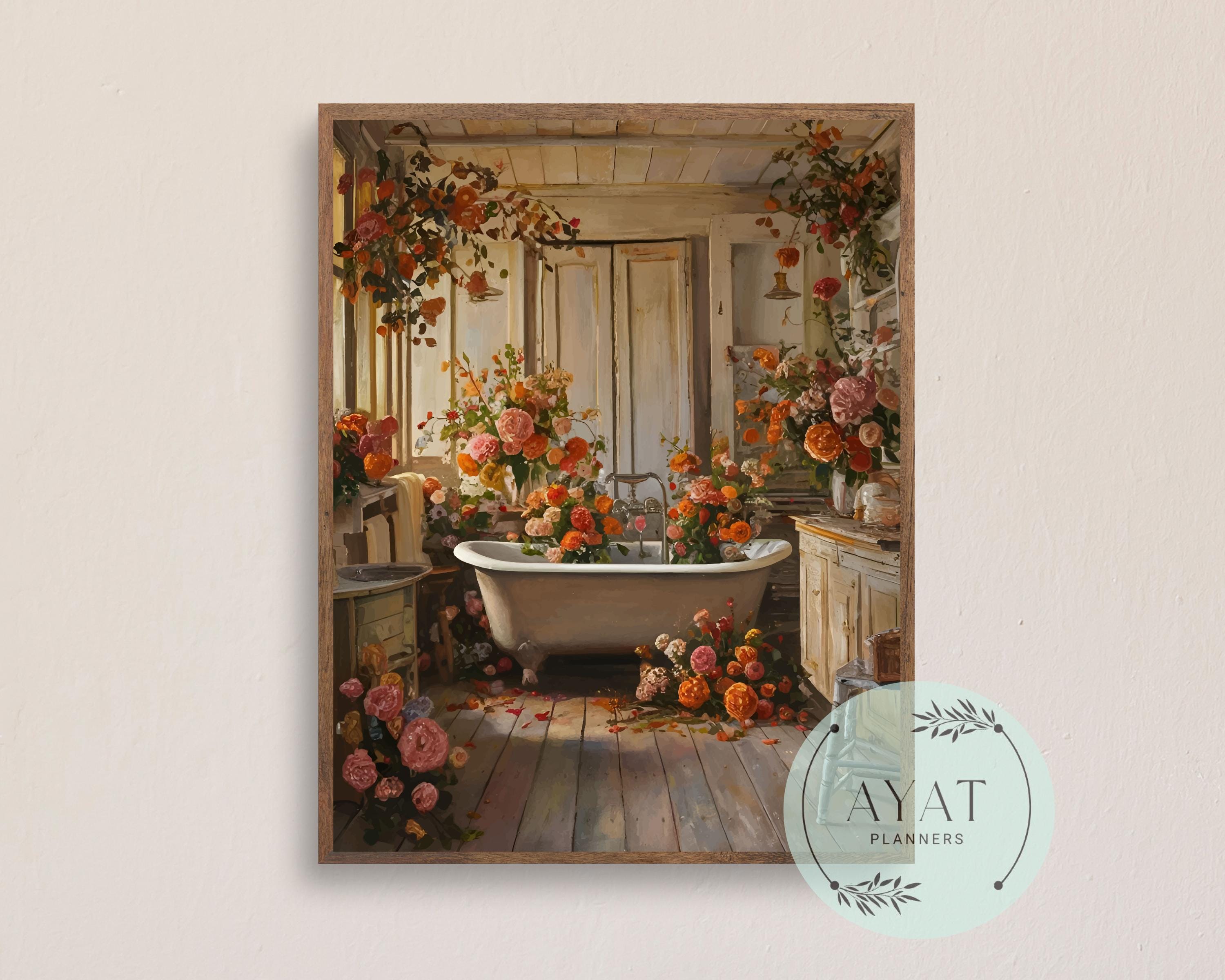Vintage Floral Bathtub Art Print: Farmhouse Bathroom Decor (digital ...
