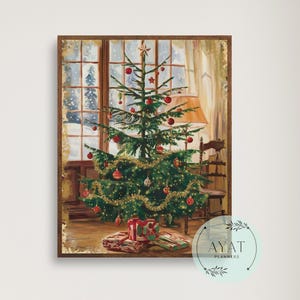 Vintage Christmas Tree Print, Christmas Decor Printable Wall Art, Moody Natural Antique Holiday Winter Evergreen Tree Painting