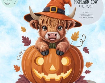 Halloween Highland Cow Clipart, Witch Hat, Pumpkin (PNG Digital Download)