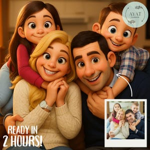 Può includere: Ritratto di famiglia digitale con madre, padre, figlia e figlio sorridenti. La figlia e il figlio abbracciano i genitori. L'immagine include una foto più piccola della famiglia e il testo "READY IN 2 HOURS!"